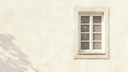 Single white window on a beige wall with tree shadow.