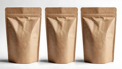 Brown craft paper bag packaging template isolated on white background. Packaging template mockup collection. With clipping Path included. Stand-up pouch Half side view package
