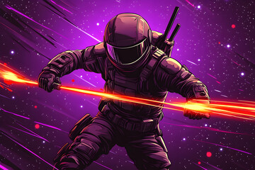 Naklejka premium Futuristic astronaut wielding energy beams amidst vibrant cosmic backdrop. Intense, dynamic illustration.