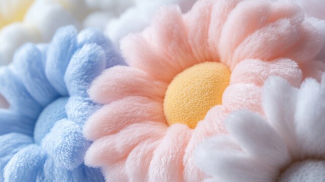 Plush Aster flowers in pastel colors, cute floral wallpaper, cotton fabric texture, delicate aesthetic effect