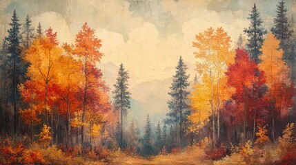 Fototapeta premium A mesmerizing autumnal landscape painting with vibrant foliage colors creating a serene forest view with mountains in the background