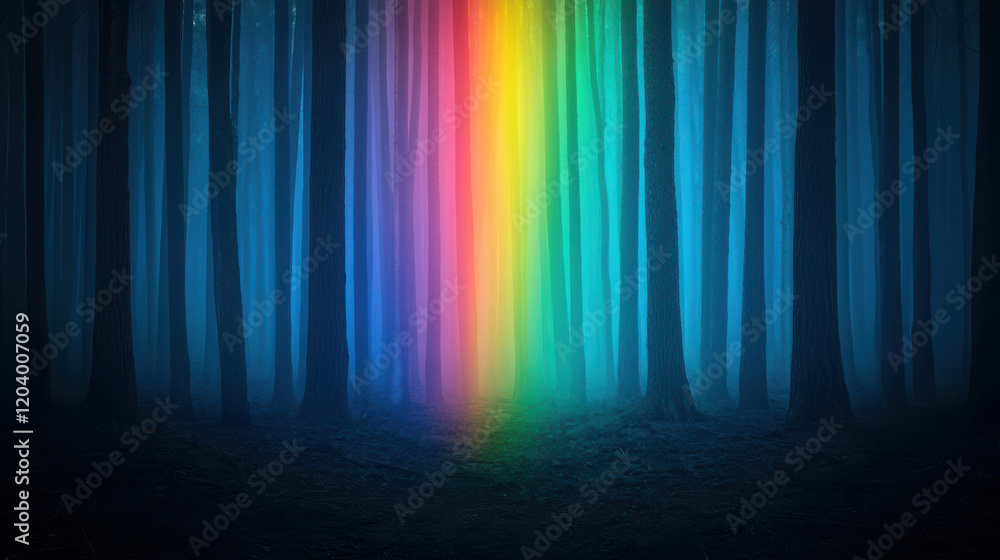 Poster enchanted forest with misty atmosphere and colorful rainbow light in depth of trees