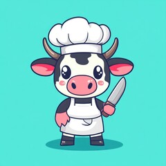 Cute cow chef holding knife