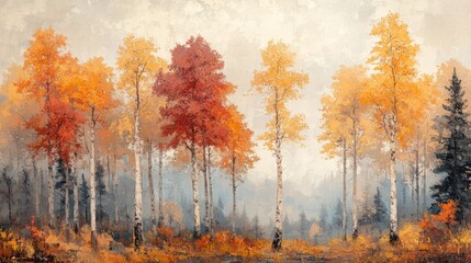 Fototapeta premium A mesmerizing forest painting with vibrant autumn colors of orange, yellow, and deep red with elegant white trunks and misty fog
