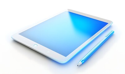 White tablet computer with stylus on white background.