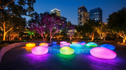 Illuminated pebble seating in city park at twilight, skyscrapers in background; ideal for urban design, relaxation, and travel brochures