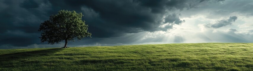 Obraz premium Solitary Tree Stands in Green Field Under Dramatic Sky