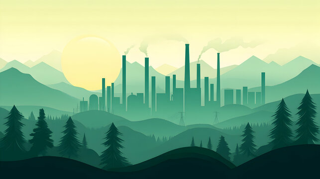 Industrial complex at sunrise, nestled in a mountainous region with a lush forest, symbolizing industry's impact on nature; suitable for environmental reports