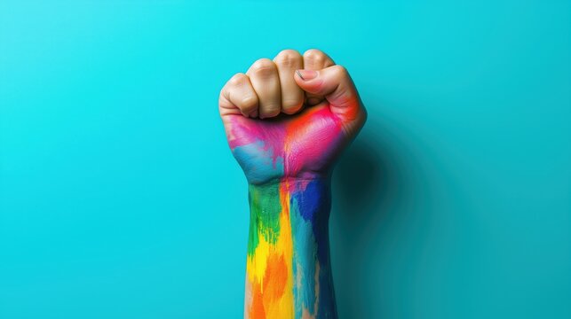 The vivid rainbow hues on a clenched fist radiate empowerment and unity, set against a striking turquoise backdrop. - Powered by Adobe