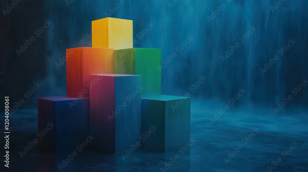 Poster mesmerizing geometric landscape featuring stacked colorful blocks in a dreamy setting