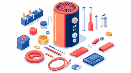 Isometric illustration of repair kit components surrounding a cylindrical device; for maintenance, repair, or DIY tutorials