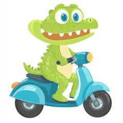 Cartoon crocodile rides scooter, children's illustration, fun, outdoors