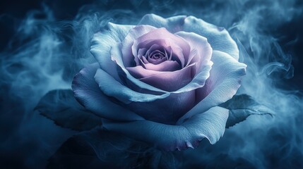 Mystical blue rose shrouded in smoke.