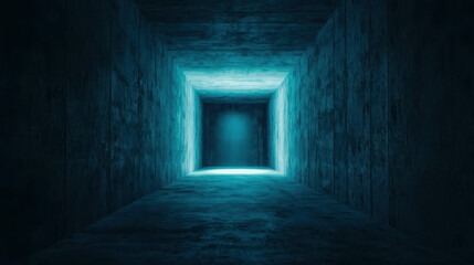 Dimly Lit Modern Concrete Tunnel with Blue Lighting and Stark Angles