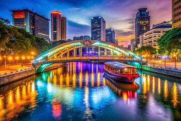 Fototapeta premium Singapore Elgin Bridge Night View Tourist Boats Illuminated Cityscape