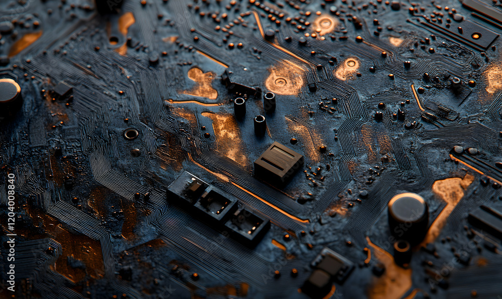 Poster abstract close-up of a dark, metallic circuit board with intricate pathways and components, illumina