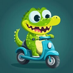Fototapeta premium Cartoon crocodile on scooter, vibrant colors, whimsical scene, children's book illustration