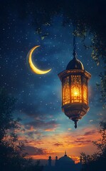 Obraz premium Ramadan Lantern Hanging Under Night Sky Crescent Moon