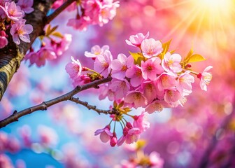 Obraz premium Single Cherry Blossom Tree in Full Bloom, Spring Pink Flowers, Japanese Cherry, Nature Background, Copy Space Left
