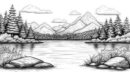 Serene black and white landscape illustration featuring mountains, a lake, and lush forests