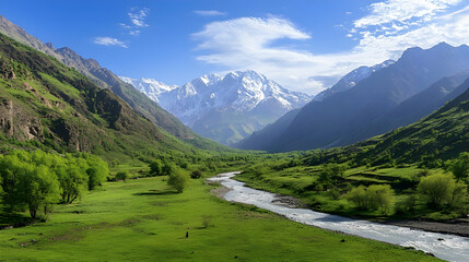 Obraz premium Majestic mountain valley river landscape, green meadows, sunny day, travel postcard