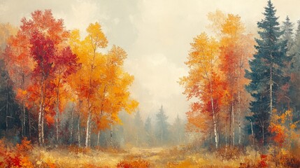 Fototapeta premium Autumn Forest Oil Painting Depicting a Vibrant Fall Landscape with Red and Yellow Trees in a Misty Setting
