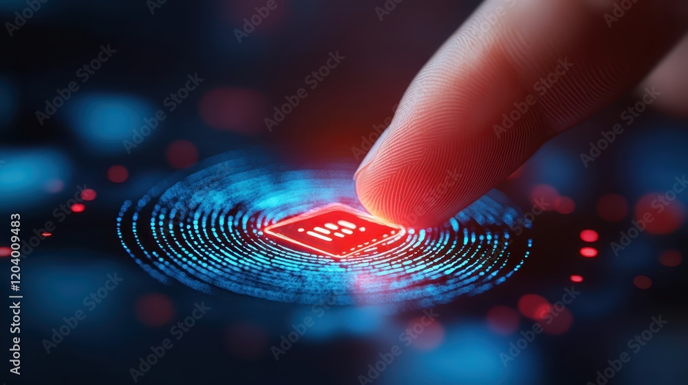 Poster futuristic fingerprinting technology, secure biometric scan with digital interface