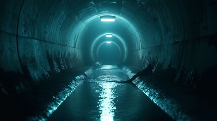 Dimly lit sewer tunnel with flowing water, symbolizing infrastructure maintenance.