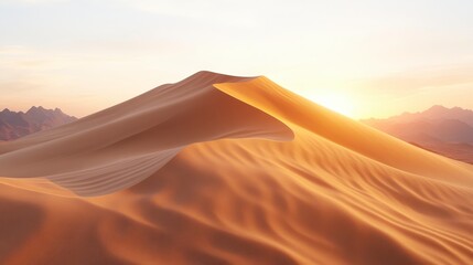 Majestic Desert Dune Landscape at Sunrise Golden Sand Mountain Background