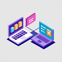 Isometric illustration of dual laptop with coding data analytics and AI symbol in a modern style,