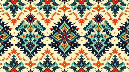diamond seamless pattern. The ikat geometric folklore ornament, a tribal ethnic vector texture, is rendered in Aztec style, suggesting folk embroidery