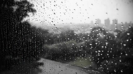 Rainy Day View Cityscape Seen Through Rain Covered Windowpane
