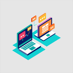 Isometric illustration of dual laptop with coding data analytics and AI symbol in a modern style,