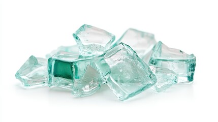 Pile of Sparkling Aqua Green Glass Cubes Shattered Fragments Close up Isolated on White