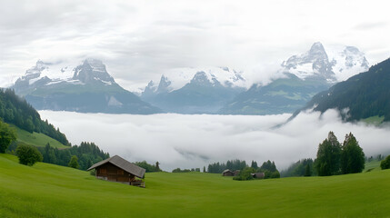 Mountain valley cottage landscape, mist-shrouded peaks, idyllic scenery, travel postcard