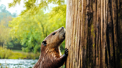 Beaver Diligently Gnawing a Tree Trunk Along a Peaceful Stream in a Vibrant Natural Setting