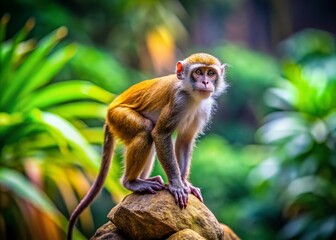 Fototapeta premium Small Monkey Perched on Rock in Zoo Enclosure - Adorable Primate Wildlife Stock Photo