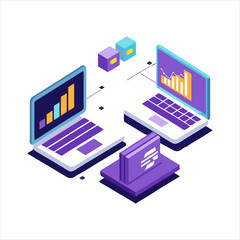 Isometric illustration of dual laptop with coding data analytics and AI symbol in a modern style,