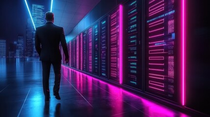 Technician managing servers in dark data center room with glowing equipment lights