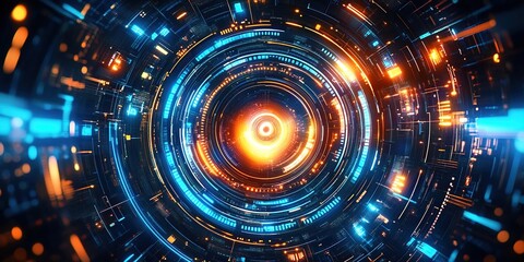 Fototapeta premium Abstract futuristic digital background with glowing circular elements and circuit board patterns. 