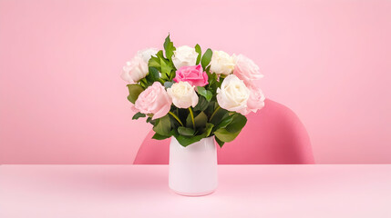 Naklejka premium Pink and white roses in vase on table, pink background, chair. Perfect for Valentine's Day, Mother's Day, or romantic cards