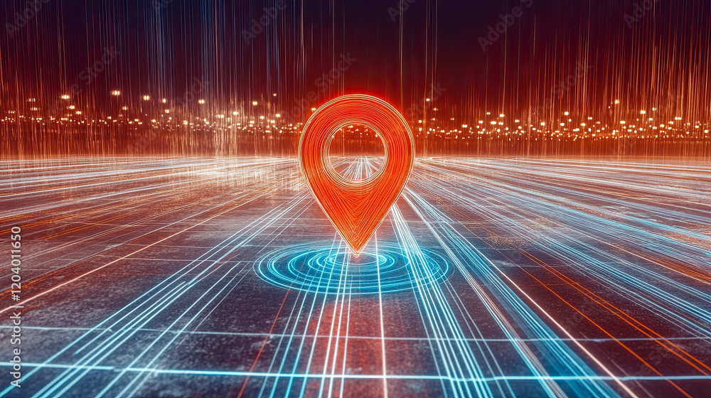 Poster glowing locator pin symbol surrounded by dynamic light lines in a vibrant urban environment at night
