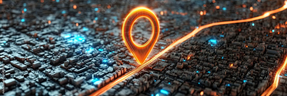 Poster glowing locator pin symbol crafted from dynamic orange and blue light lines creating urban magic
