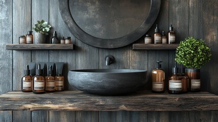 Fototapeta premium Modern bathroom sink setup featuring natural decor, stylish bottles, and wooden shelves in a serene space