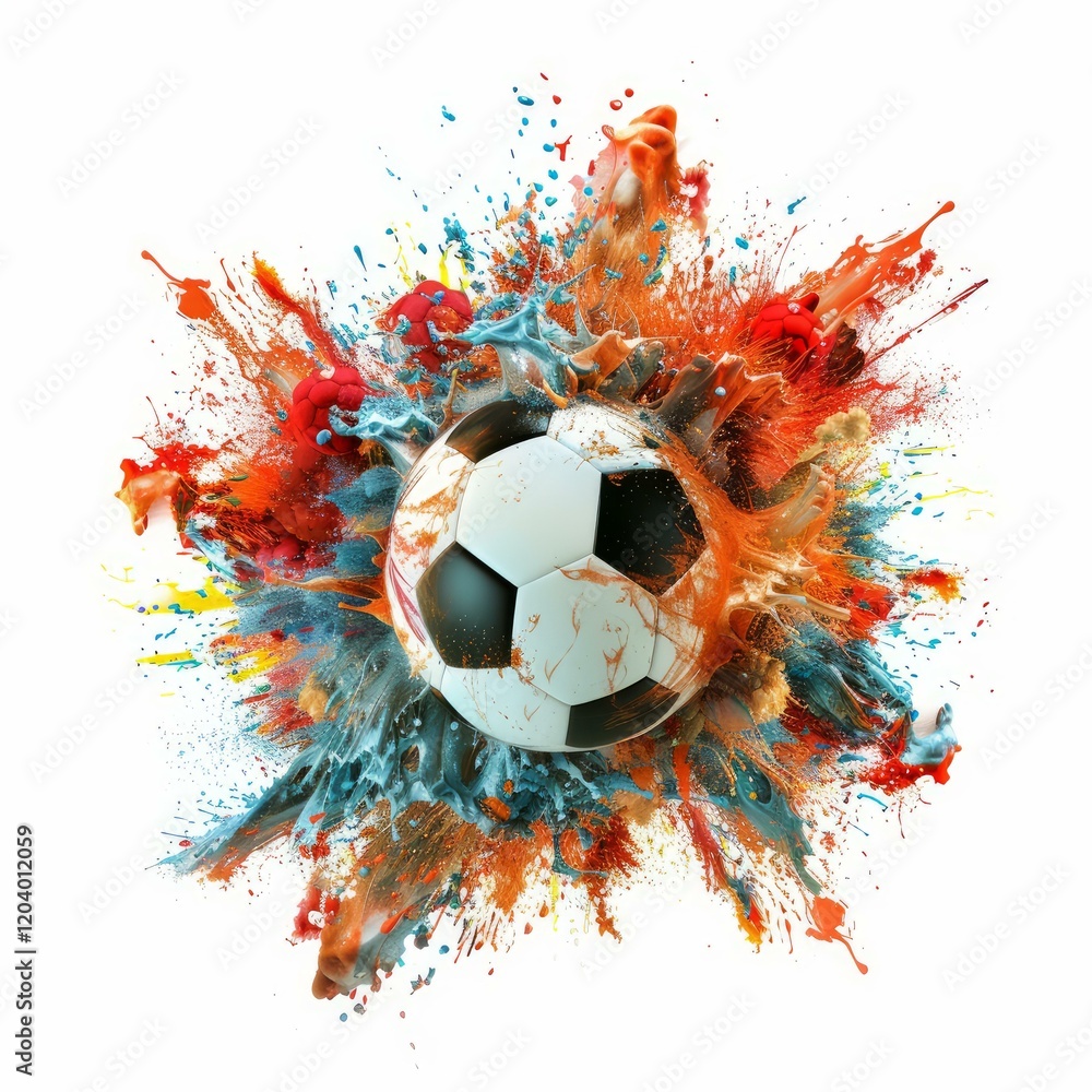 Poster classic soccer ball exploding with colorful paint splatter creating an energetic and vibrant illustr