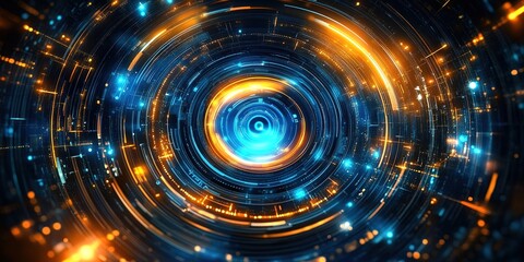 Obraz premium Abstract futuristic digital background with glowing circular elements and circuit board patterns. 