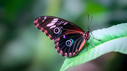 Fototapeta premium Red-rimmed butterfly perched on green leaf, lush tropical background; nature photography for websites, prints