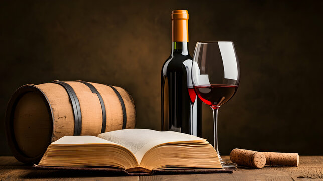 Red wine bottle, glass, barrel, and open book on wooden table, dark background; ideal for wine tasting, culinary, or beverage websites