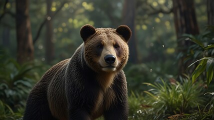 Fototapeta premium A close-up of a bear in a lush forest setting, showcasing wildlife in its natural habitat.
