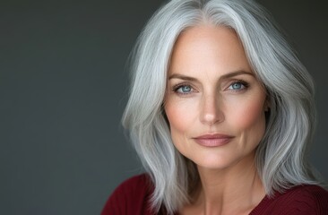 Naklejka premium A beautiful mature woman with gray hair looking at the camera